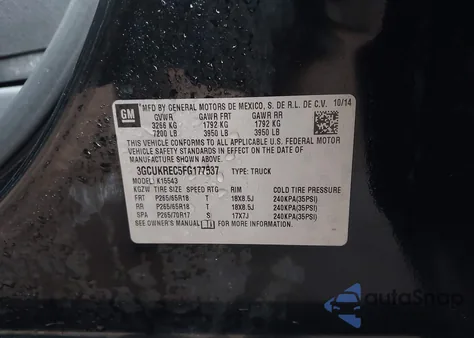 2015 Chevrolet Silverado 1500 2Lt z USA, uszkodzony, nr VIN 3GCUKREC5FG177537